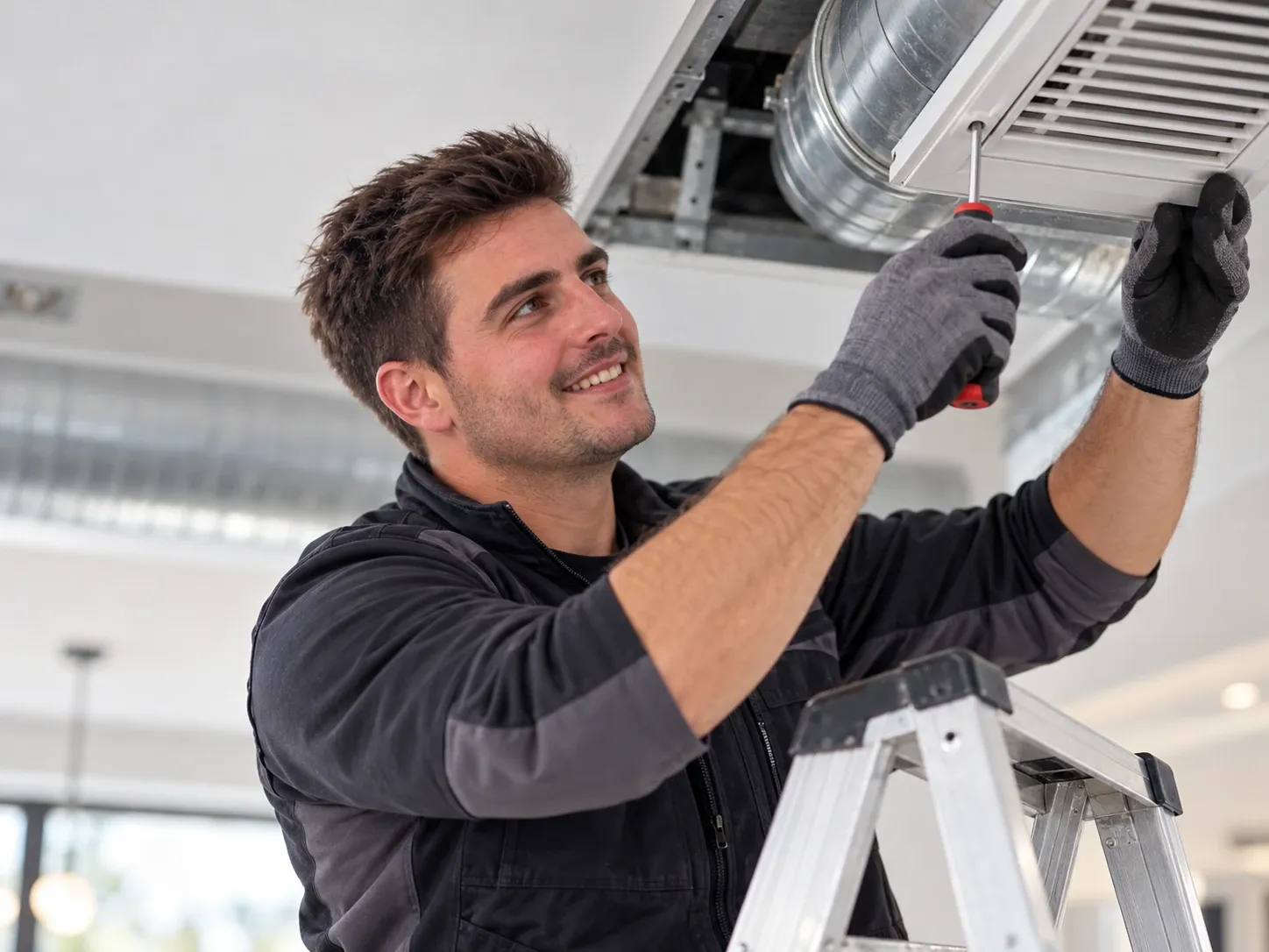 Technieker van Demol monteert een ventilatierooster aan het plafond